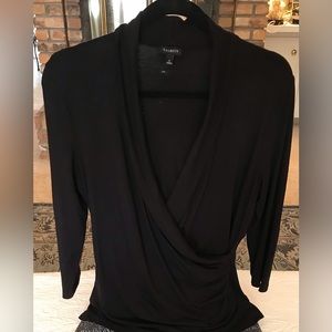 Talbots Black Faux Wrap Blouse with Three Quarter Length Sleeves.